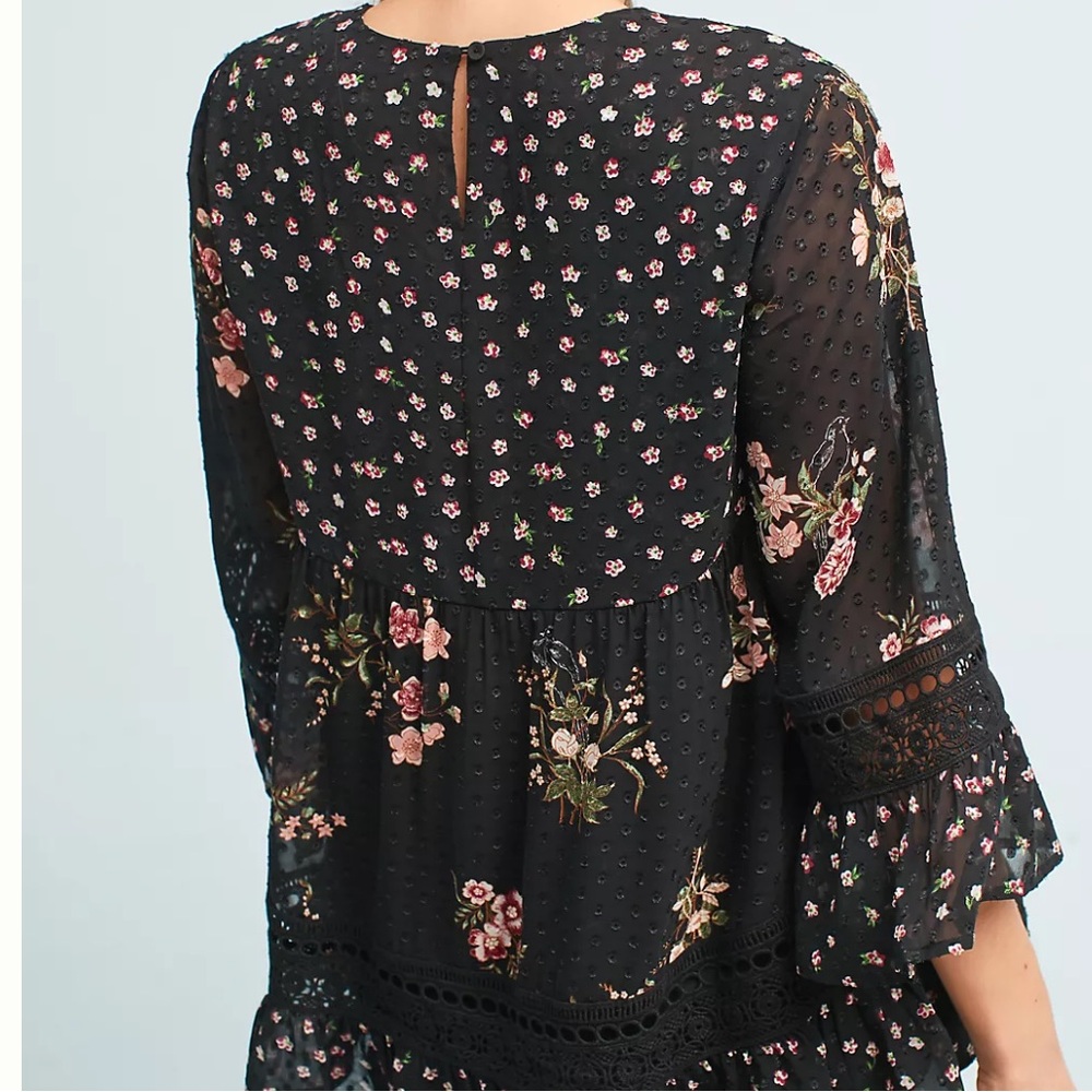Anthropologie Maeve Steffy Bell Sleeve Black Floral Top Size XS - Picture 4 of 13